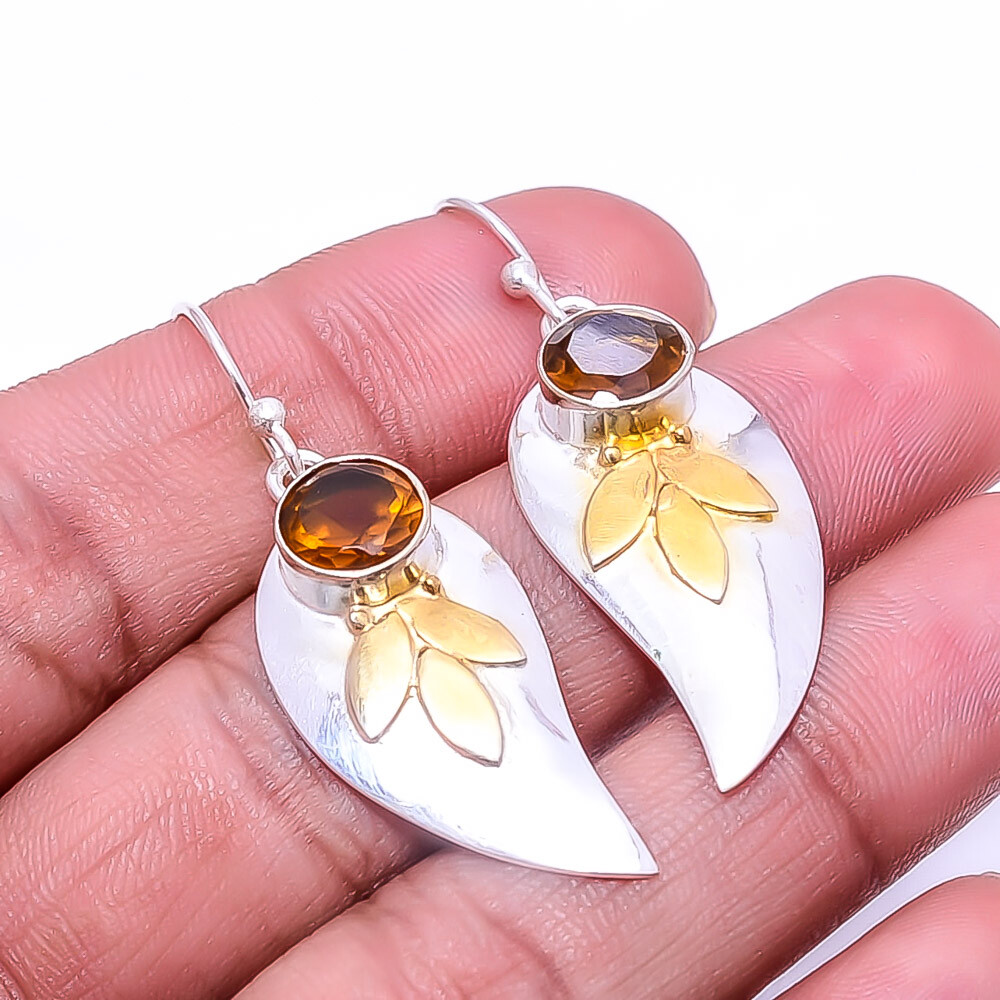 Citrine 925 Sterling Silver Two-Tone Leaf Earrings 1.95 Inch Valentine Gift