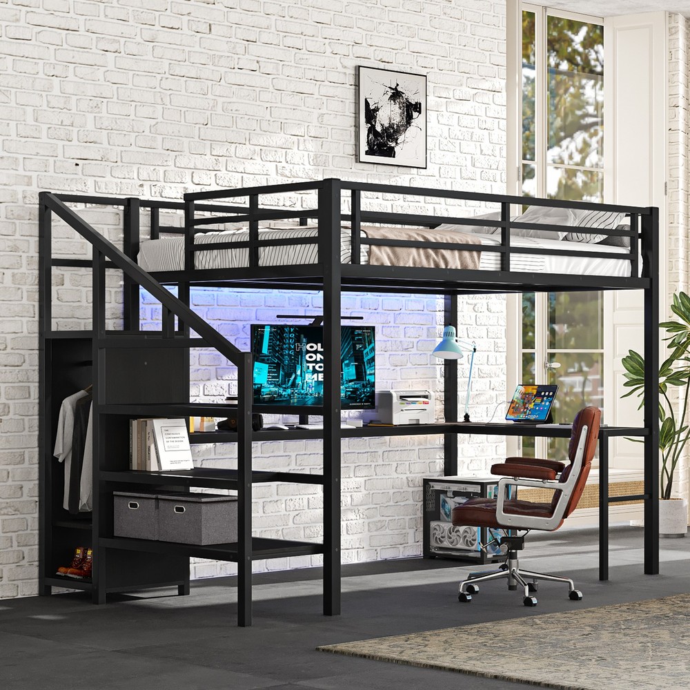 Full Size Loft Bed with L-shaped Desk and USB, Wardrobe and Adjustable Shelf