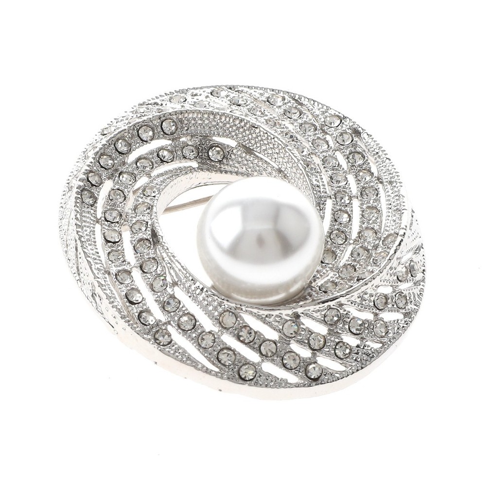 Silver Tone Alloy Metal Brooch With Rhinestone & Pearl  P1539-SWP