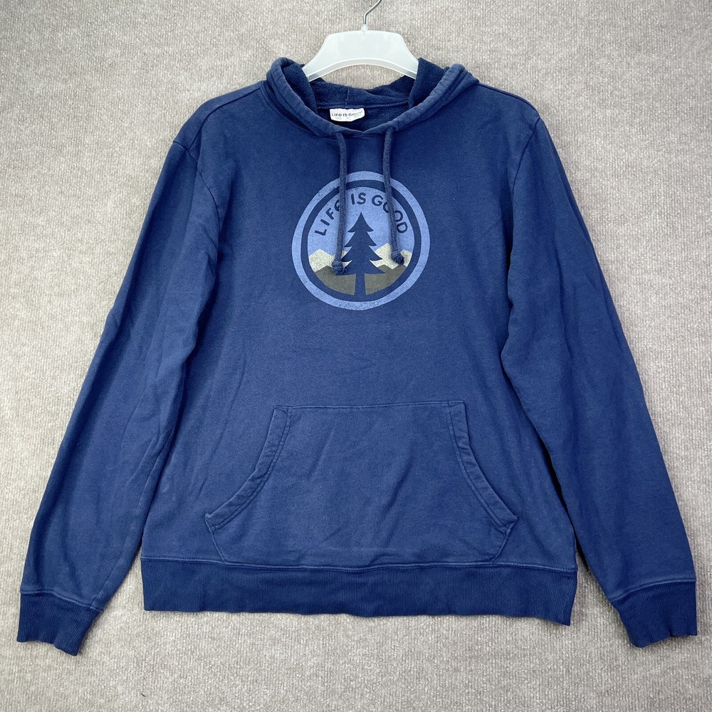 Life Is Good Mens Medium Blue Cotton Blend Hoodie with Mountains Design for Outdoor Comfort and Style