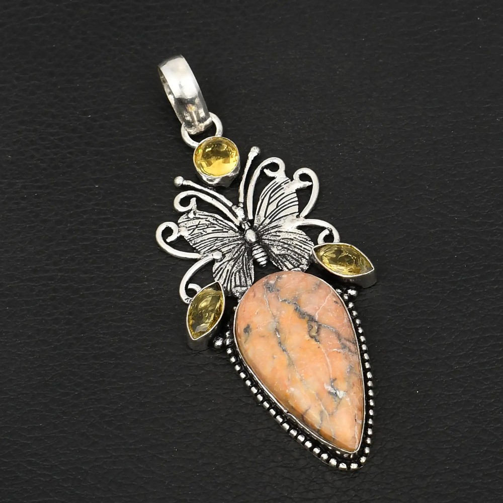 Dendrite Opal Citrine Gemstone Handmade Butterfly Pendant Jewelry 3.08