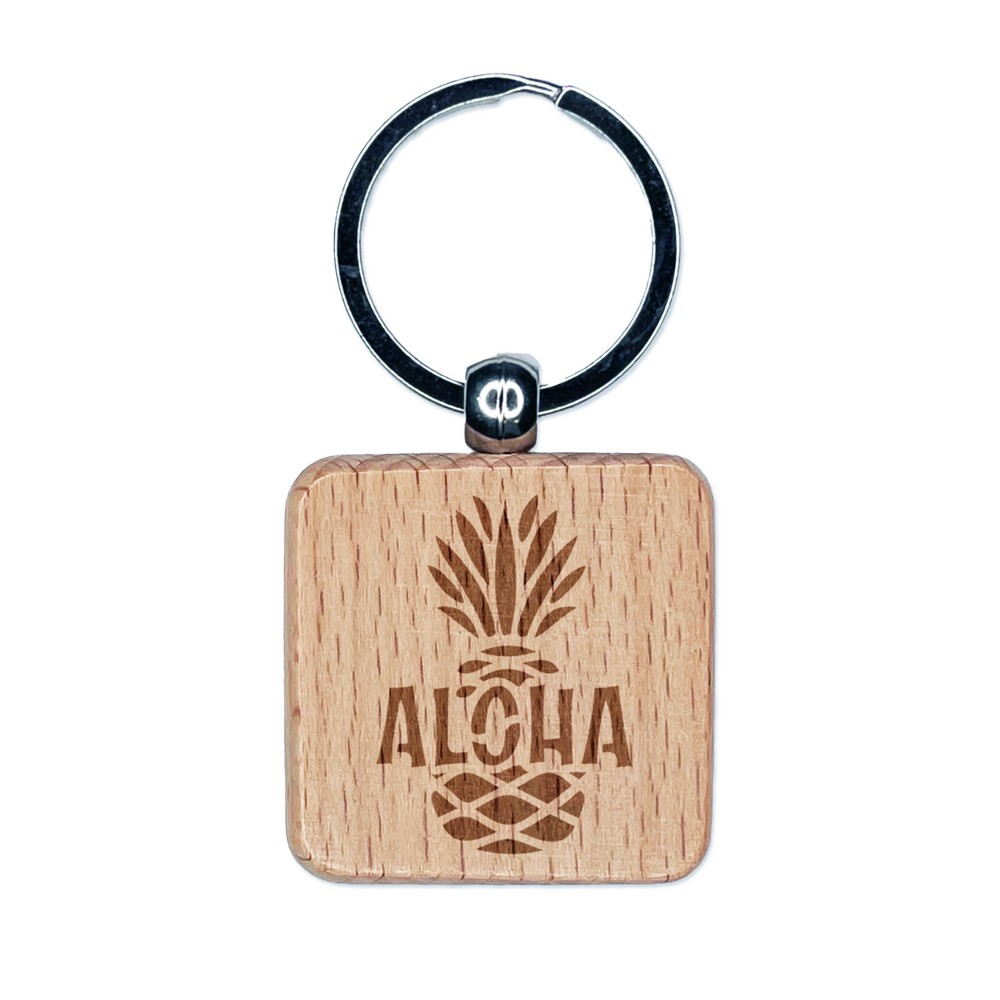Aloha Pineapple Tropical Fruit Hawaii Engraved Wood Square Keychain Tag Charm