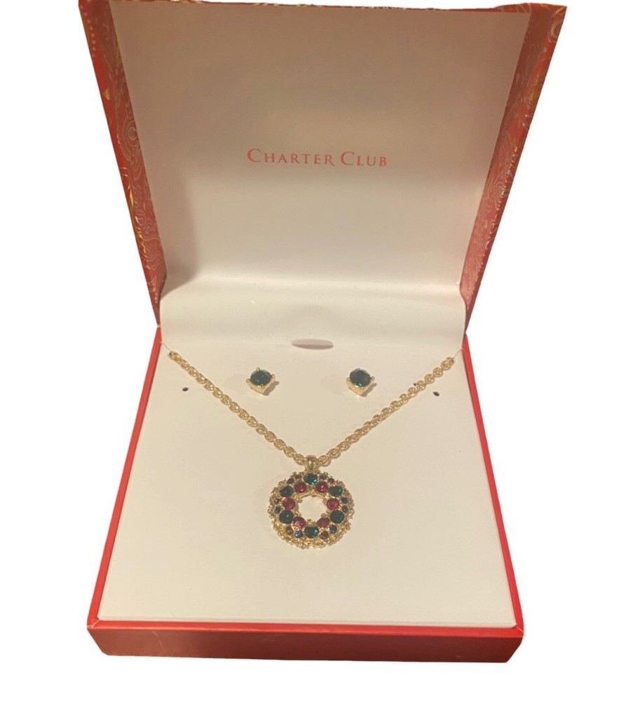 Charter Club gold tone multi color wreath pendant necklace & earrings