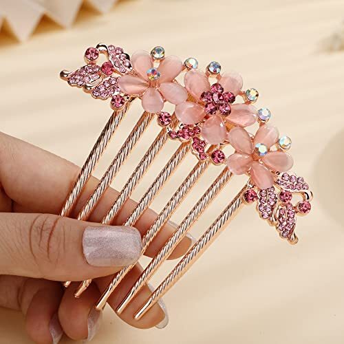 Boho Glitter Flower Rhinestone Hair Side Combs in Pink Luxury Style