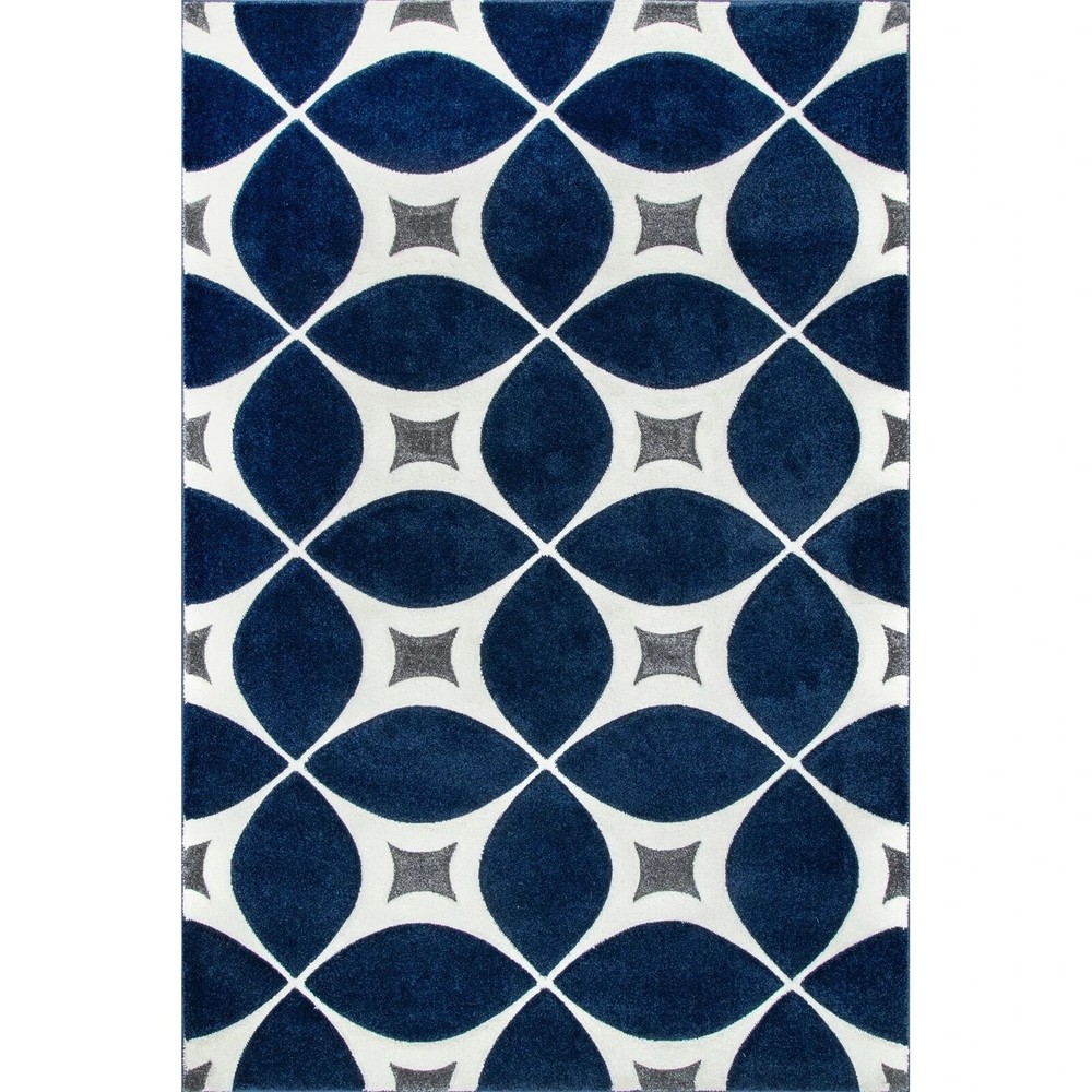 Hand Made Contemporary Geometric Trellis Area Rug in Navy Blue and Gray