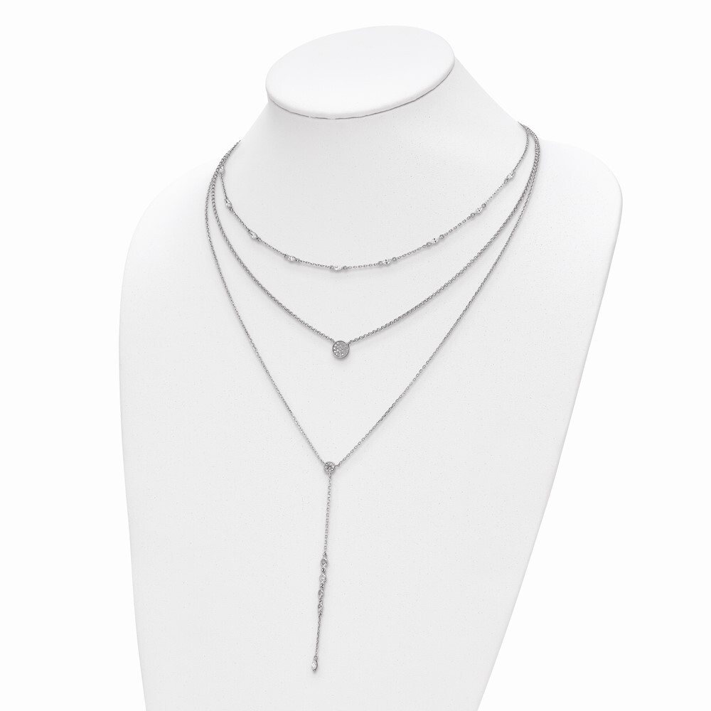 Sterling Silver Adjustable Cubic Zirconia 3 Strand Layer Y-Drop Necklace 28