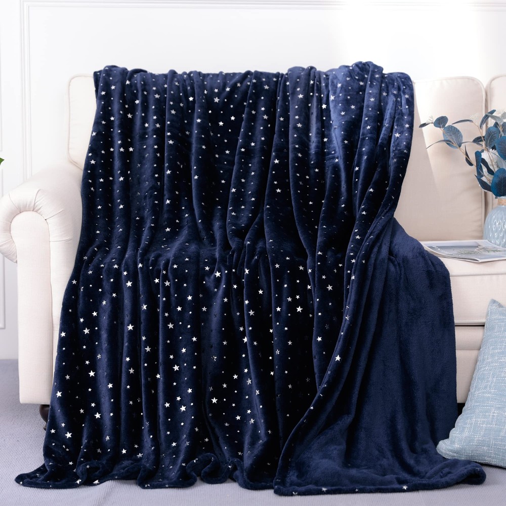 Navy Blue Throw Blanket Ultra Soft Thick Flannel Star Foil Print Fleece Bed B...