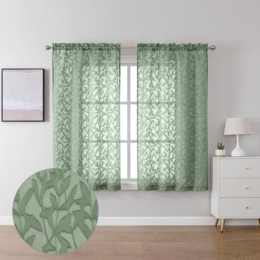 Semi Sheer Sage Green Leia Curtains 45 Inch Light Filtering Jacquard Panels