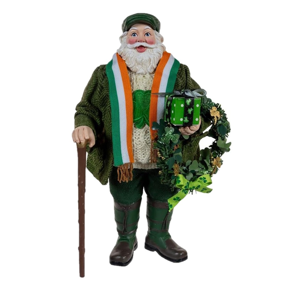 Kurt Adler Fabriche Christmas Figurine, Musical Irish Santa with Wreath, 10.5in