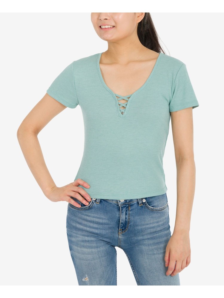 HIPPIE ROSE Womens Green Criss-cross Short Sleeve V Neck T-Shirt M
