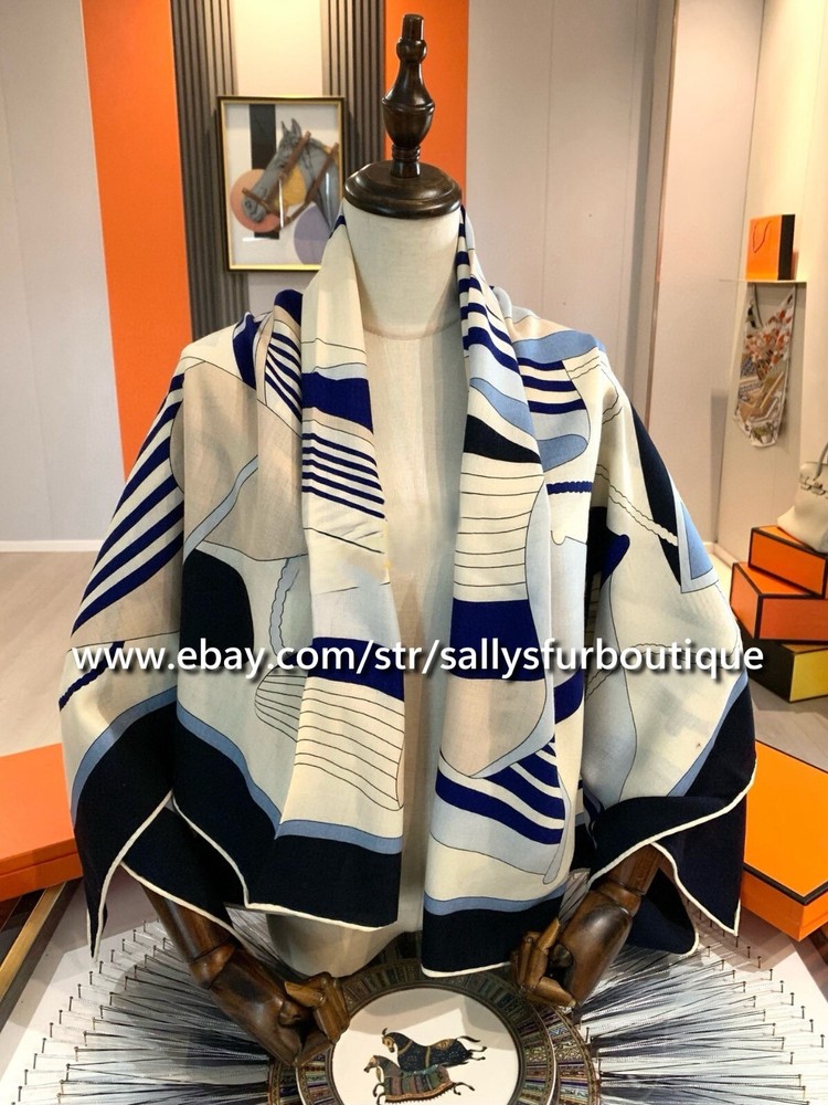 2025 Sallys Double Face 70% Cashmere 30% Silk Boats Print Wrap Scarf 53 Inch Shawl