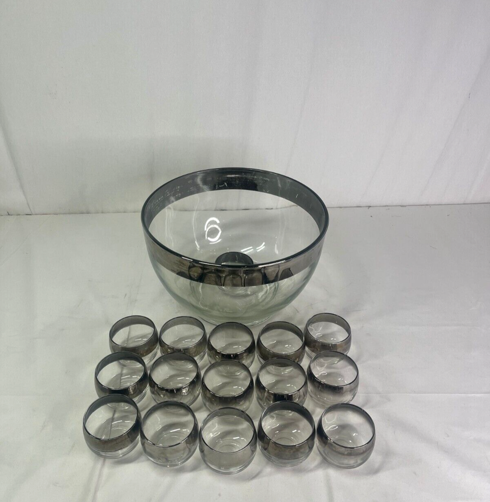 Vintage Dorothy Thorpe Silver Rimmed Punch Set - 1 Large Bowl and 16 Cups