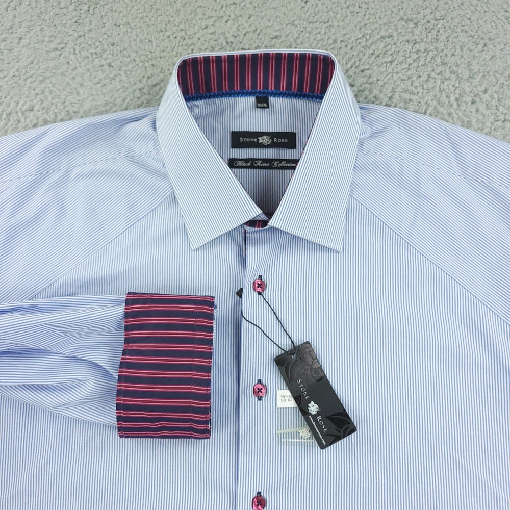 Stone Rose Shirt Mens 2XL Blue Stripe Black River Collection Button Up Cotton
