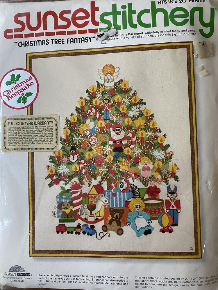 NEW Vtg 1978 Sunset Stitchery CHRISTMAS TREE FANTASY Crewel Embroidery Kit #2070