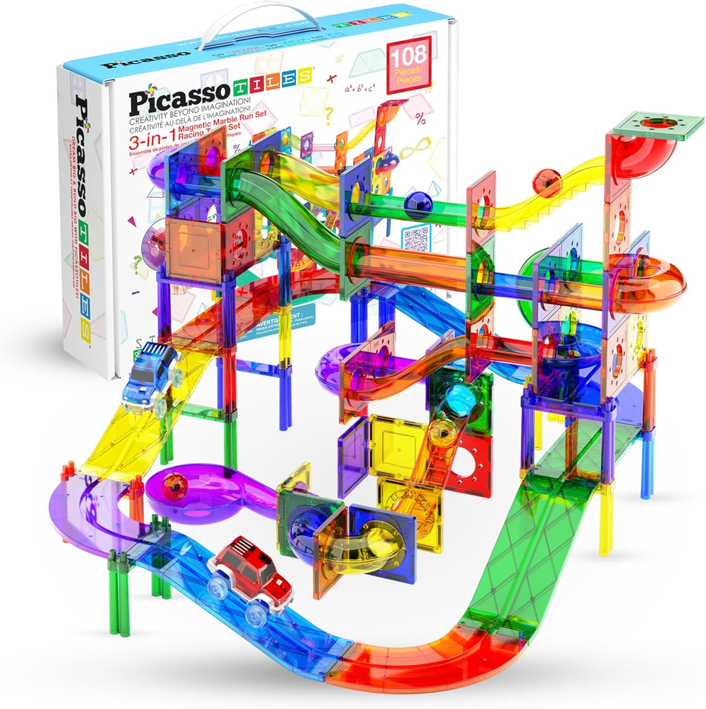 108pc Magnetic Marble Run Set with Building Tiles Race Track Car Slides Set STEM