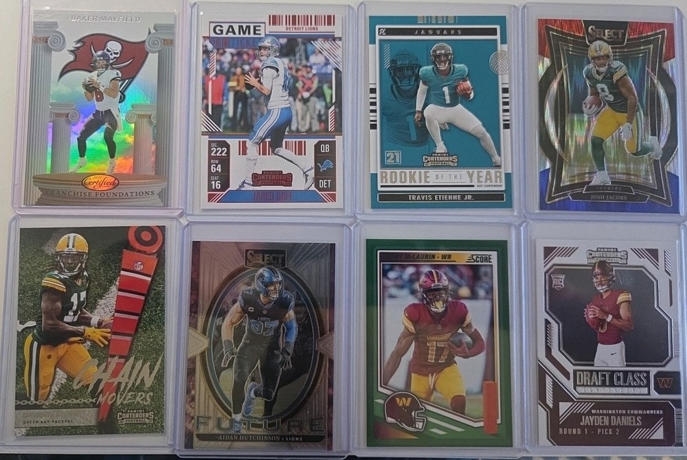 NFL Rookie & Star Card Lot — Jayden Daniels RC, Hutchinson RC, Etienne + Inserts