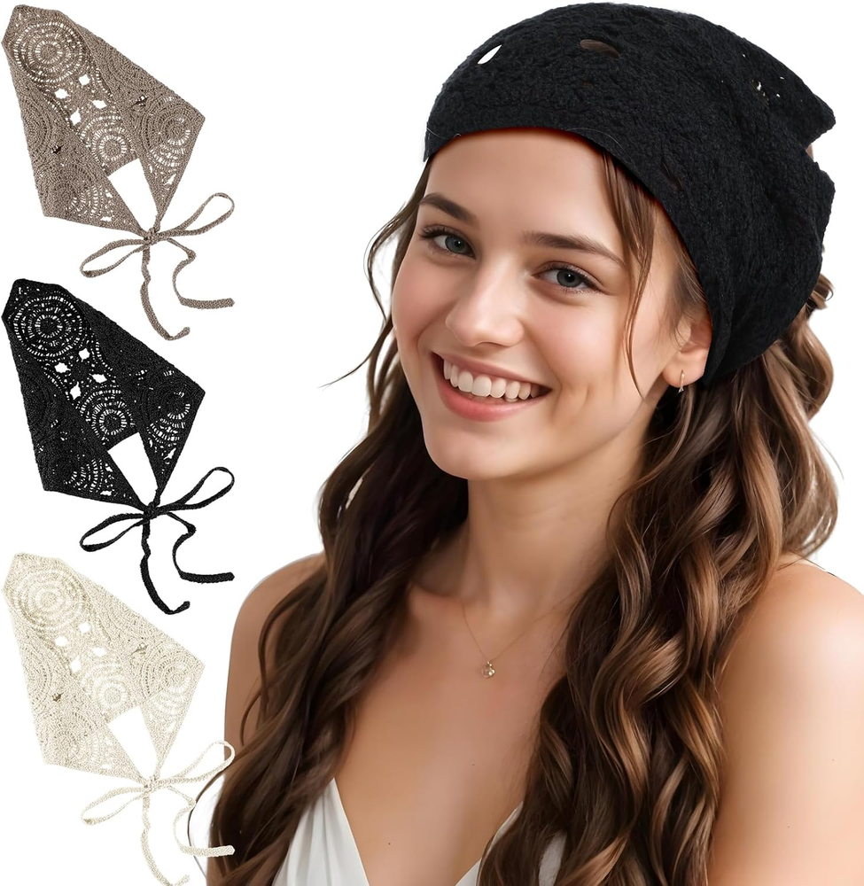 ✨Crochet Bandana, 3 Pcs Hollow Crochet Head Scarf, Crochet Headbands Accessories