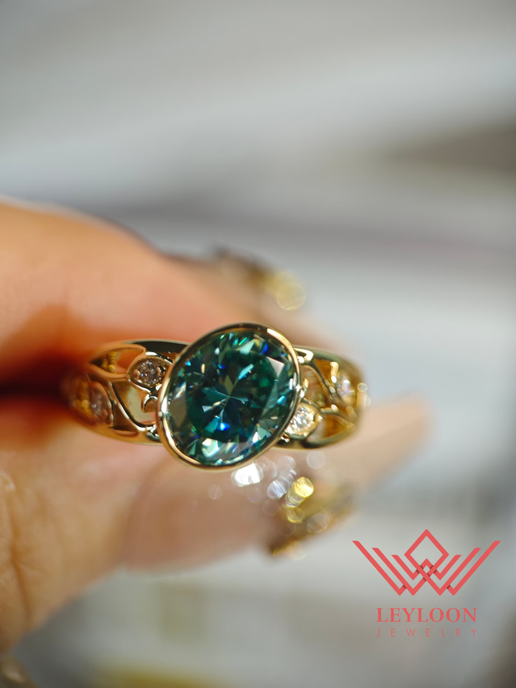 2 Carat Oval Cut  7*9mm Blue Green Color Bezel Moissanite 10K Yellow Gold Ring