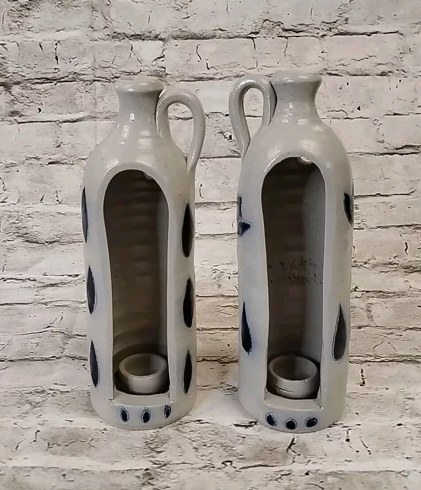 Vintage Cobalt Blue Salt Glaze Ceramic Jug Candle Holder with Leaf Design