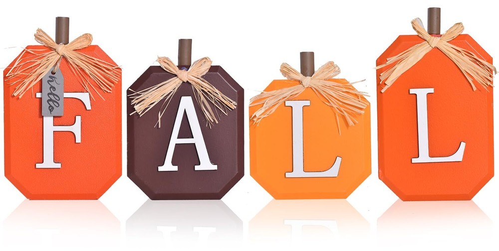 4-Piece Wooden Pumpkin Block Set - 3D Hello Fall Decorations for Thanksgiving, Autumn, and Seasonal Home Decor