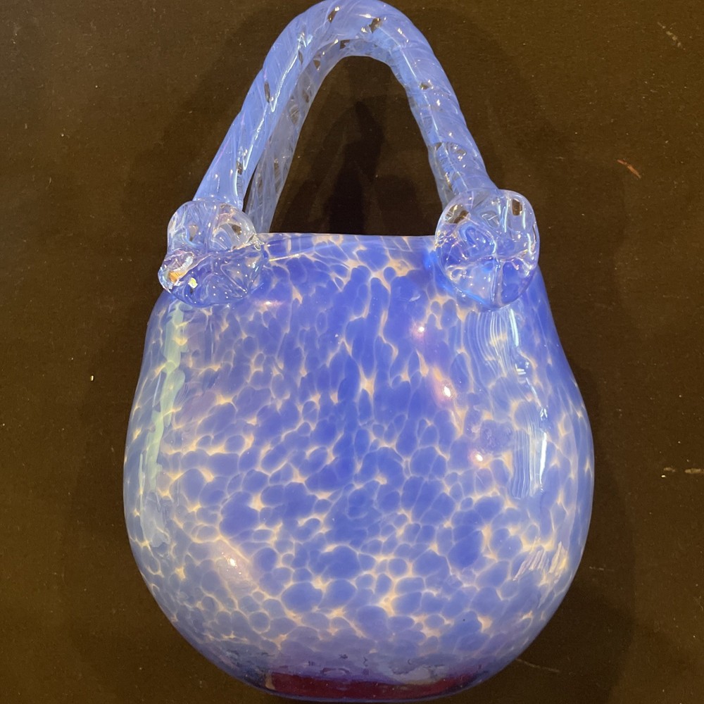 Art Glass Block Crystal Lauren Blue Confetti Purse Handbag Vase 👜 8