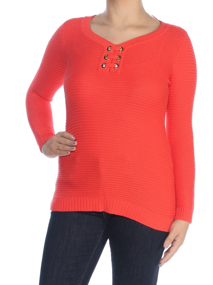 CHARTER CLUB Womens Orange Grommet Long Sleeve V Neck Sweater Petites PP