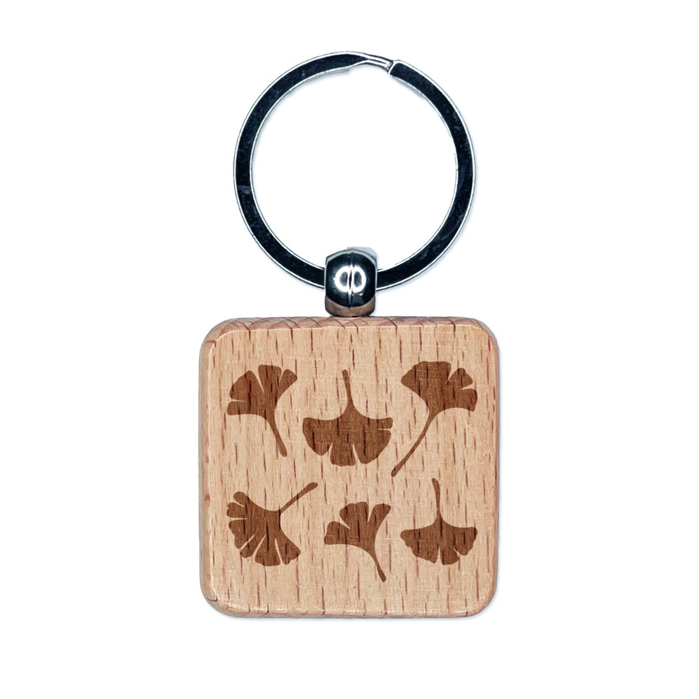 Gingko Leaves Engraved Wood Square Keychain Tag Charm