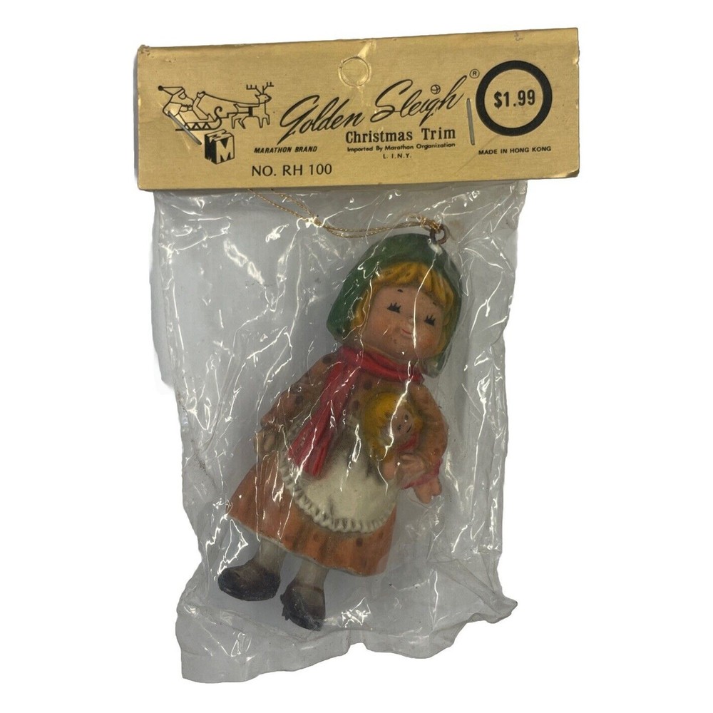 Golden Sleigh Christmas Trim Vintage Girl with Doll Ornament