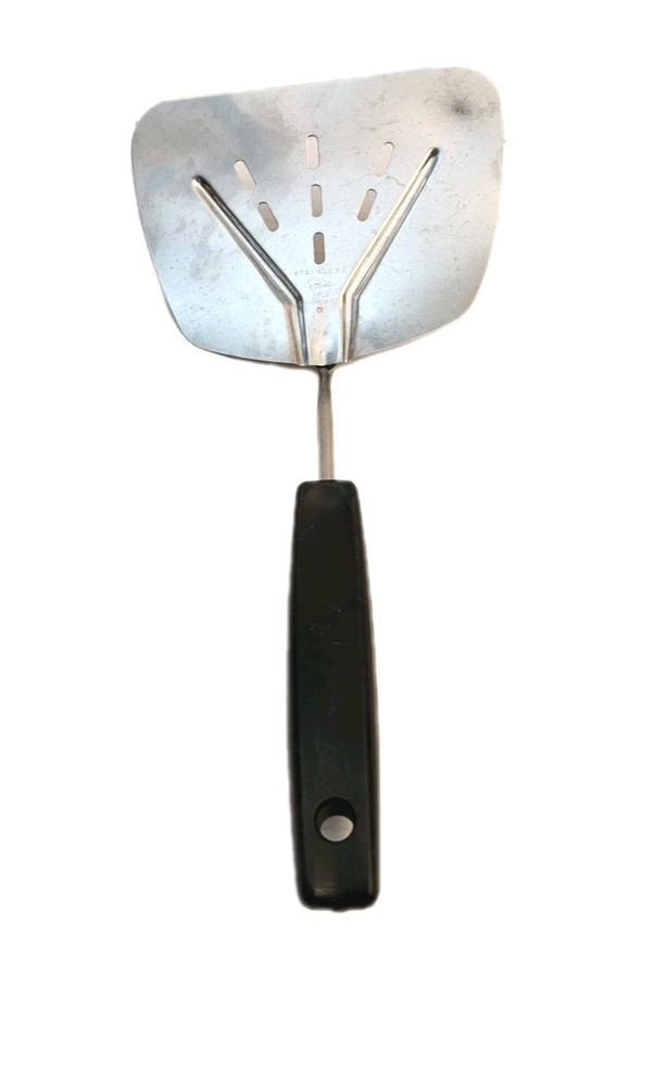 Vtg Foley Curved Stainless Wide Slotted Spatula Turner Flipper Black Handle