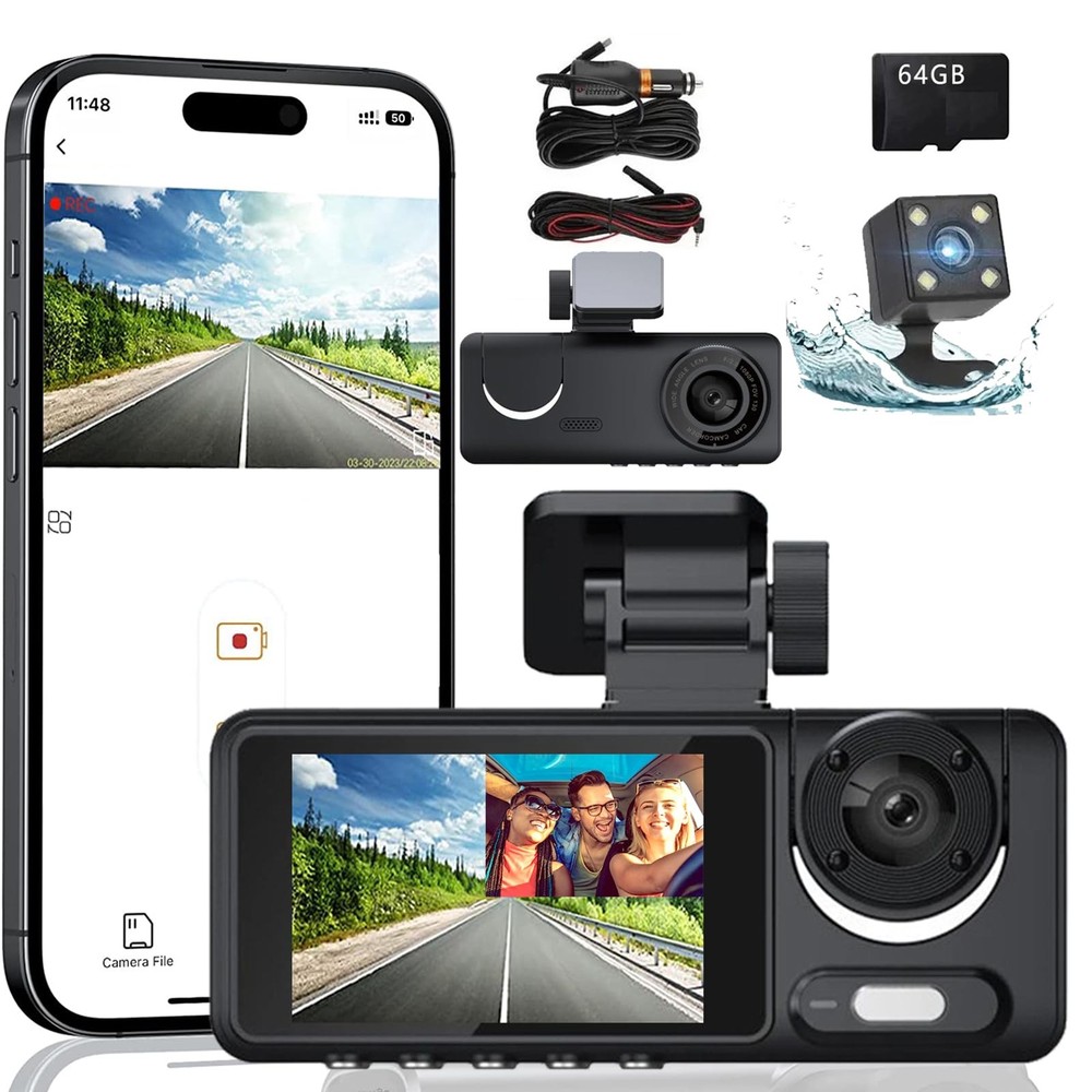 Dash Cam，3 Channel Dash cam, Full HD Dash for Cars, 64GB SD Card, 2”IPS Scree...