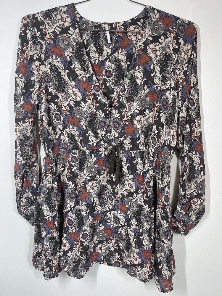 Free People Women’s Stealing Fire Long Sleeve Mini Dress V Neck Multi Color Sz L