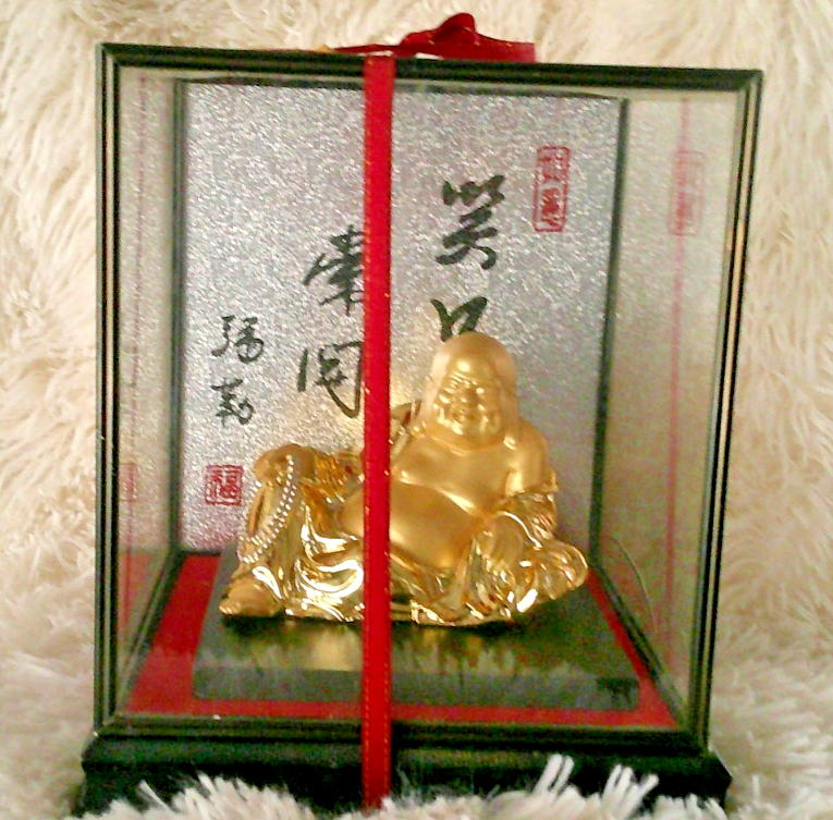 Vintage Golden Maitreya Buddha Figurine In Wood & Glass Case 8