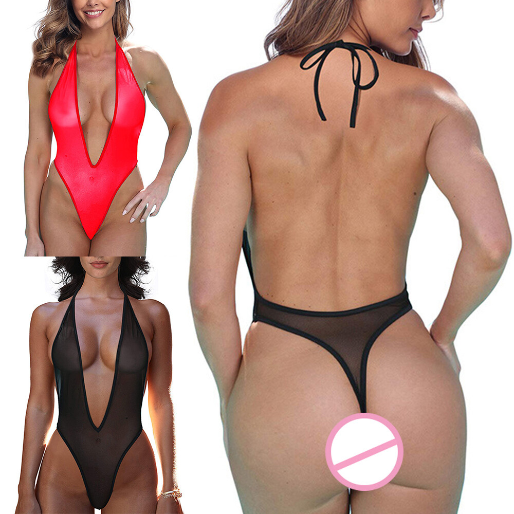 Bodysuit Mesh Deep V-Neck Sexy Lingerie Swimwear Underwear G-String Bikini Women
