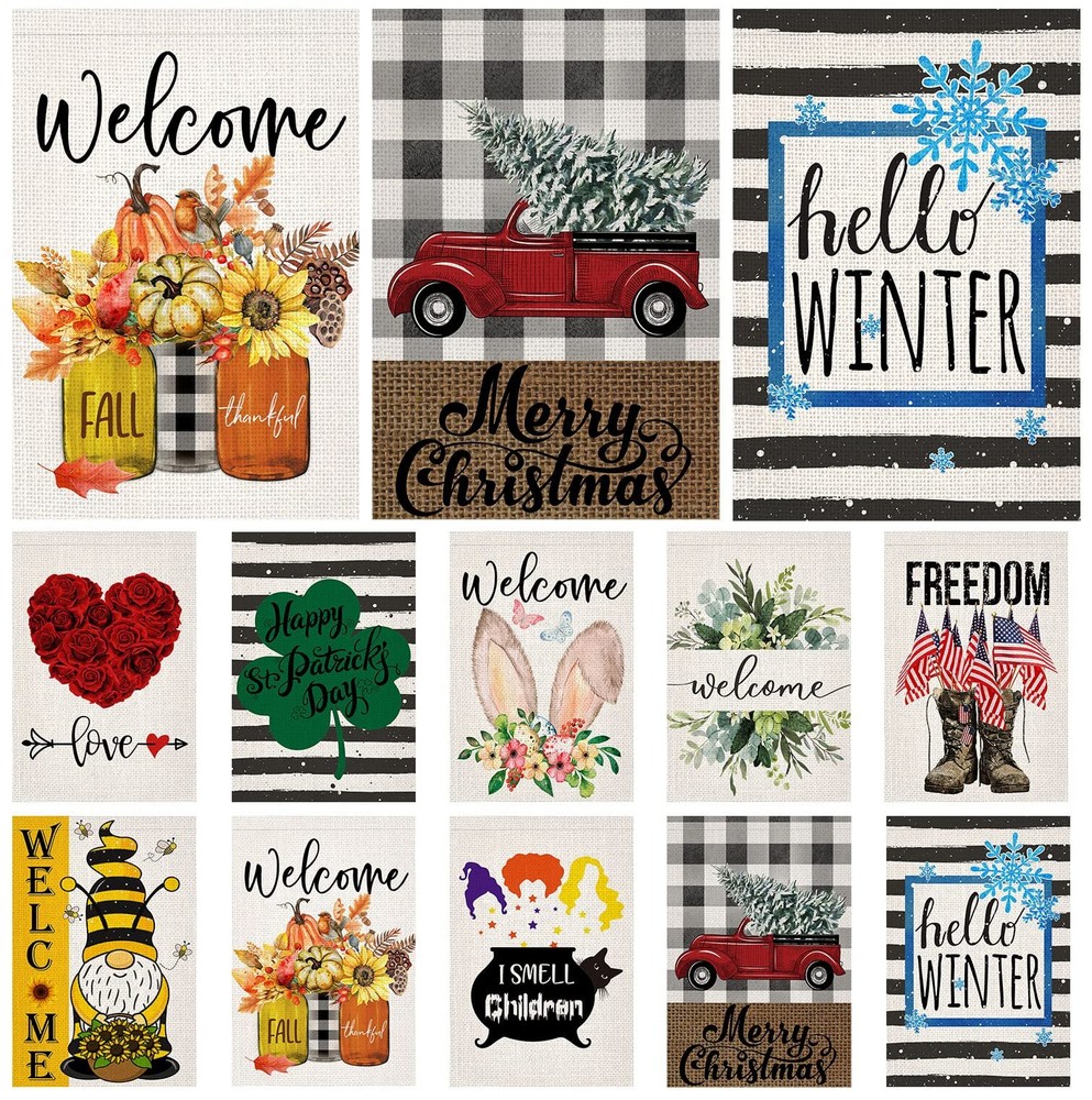 Seasonal Garden Flags Set of 10 Double Sided Burlap 12x18 Inch Welcome Easter...-image