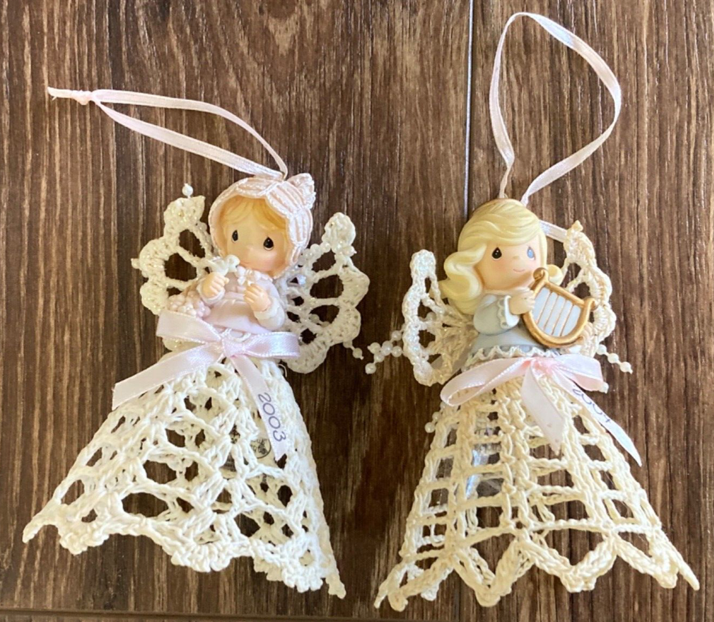 LOT 2 Precious Moments Ornament Angel CROCHETED ENESCO Hanging Dated 2003  04