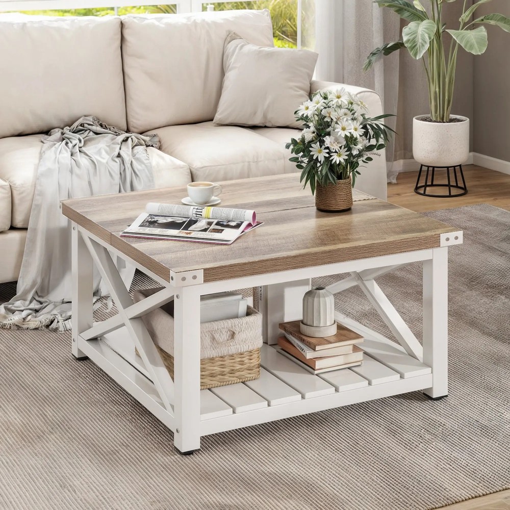Rustic Square Farmhouse Coffee Table with Open Shelf for Living Room Storage
