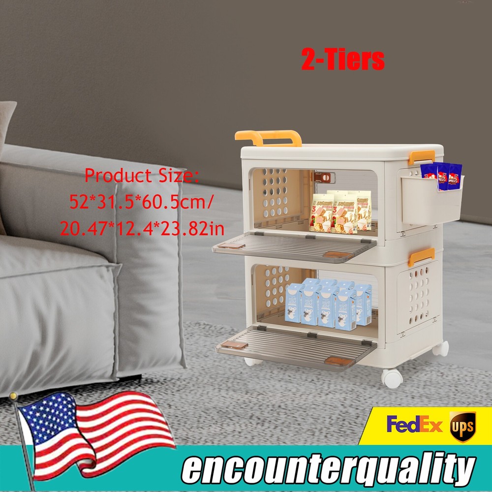 2-Tier Foldable Plastic Storage Cabinet with Wheels Organizer Bin  