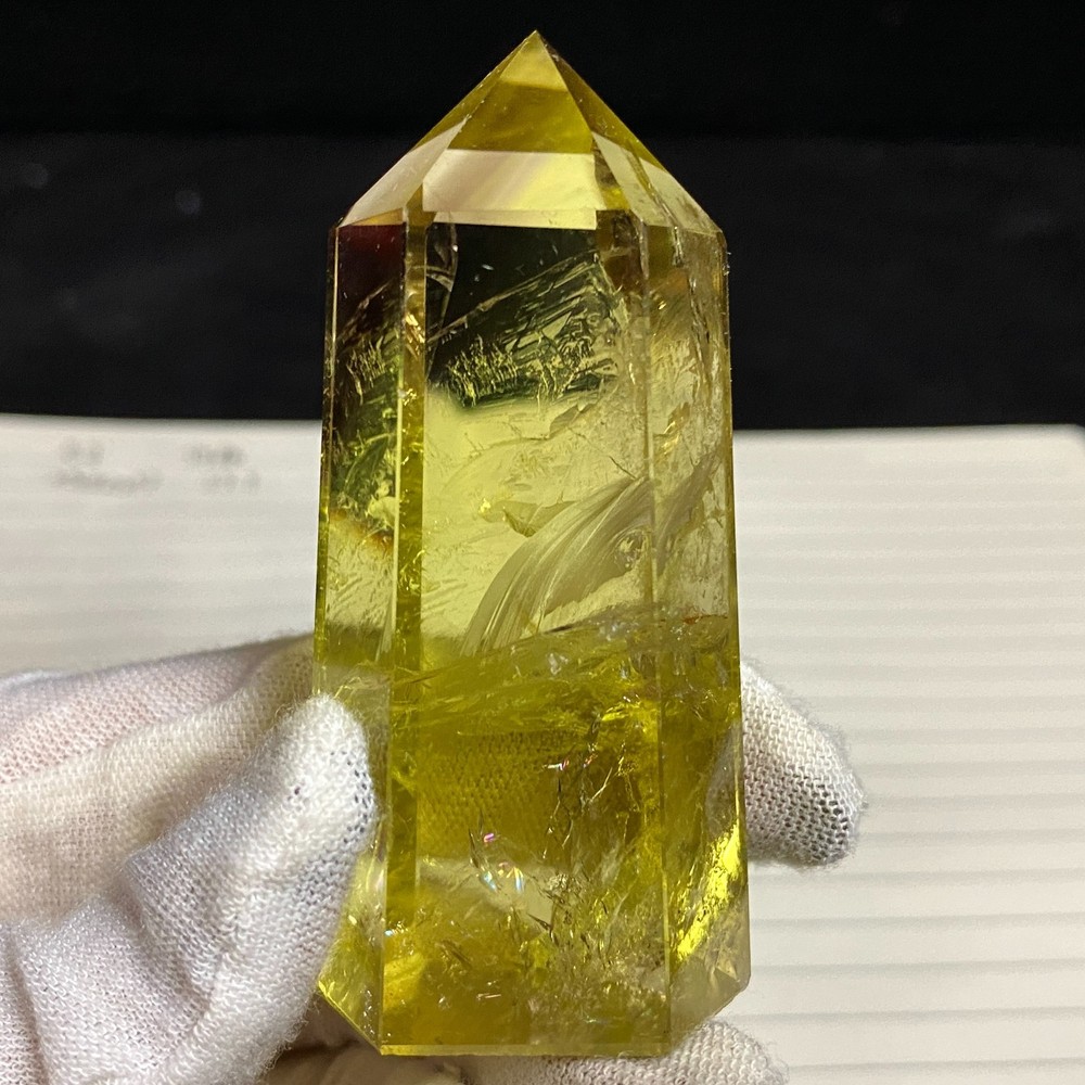 100g TOP Natural rainbow citrine Quartz hand carved obelisk crystal ornament