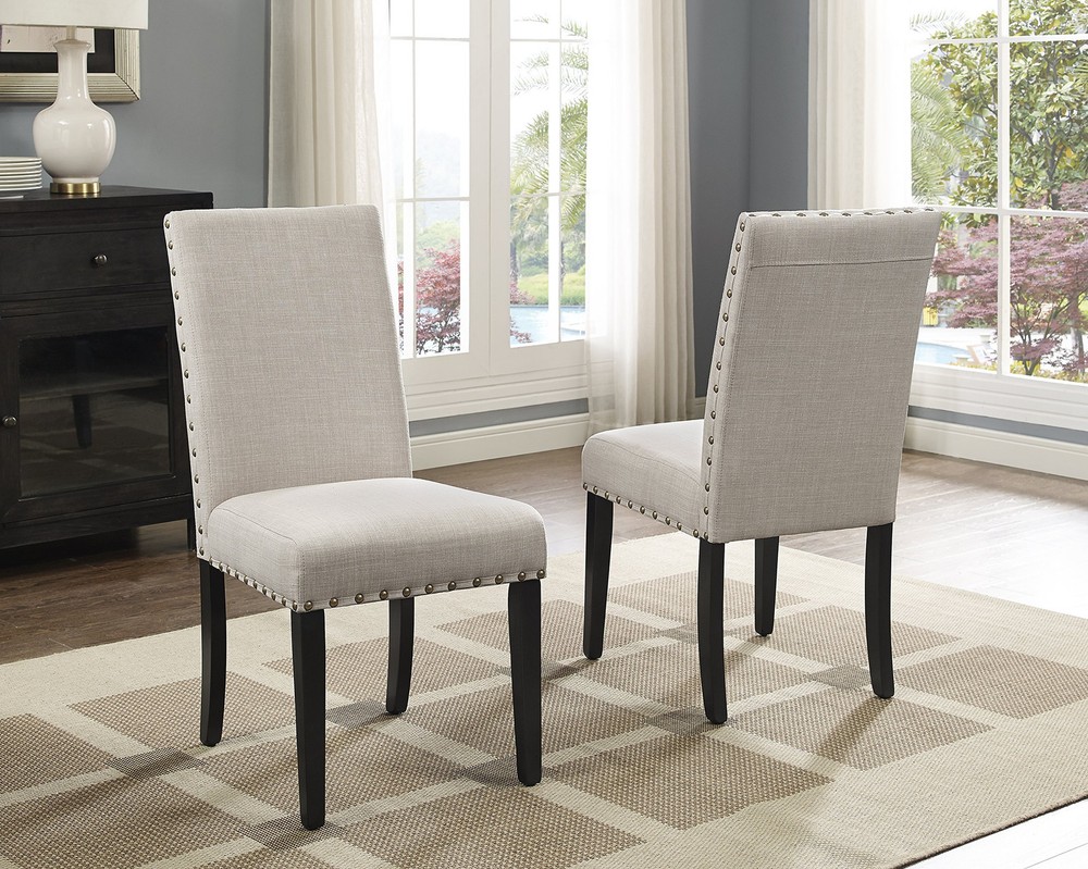 Biony Tan Fabric Dining Chairs with Nailhead Trim, Set of 2 in Brown and Tan