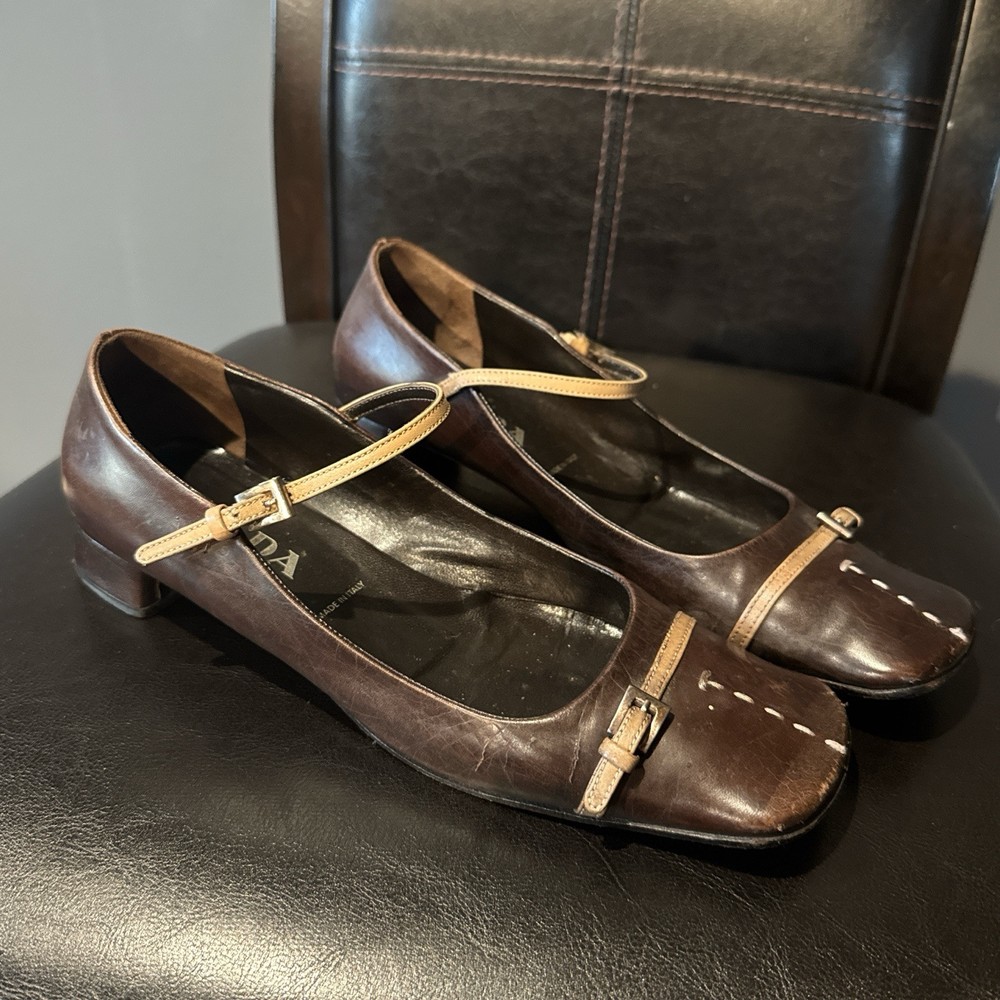 Vintage Prada Mary Jane Kitten Heels in Black Leather