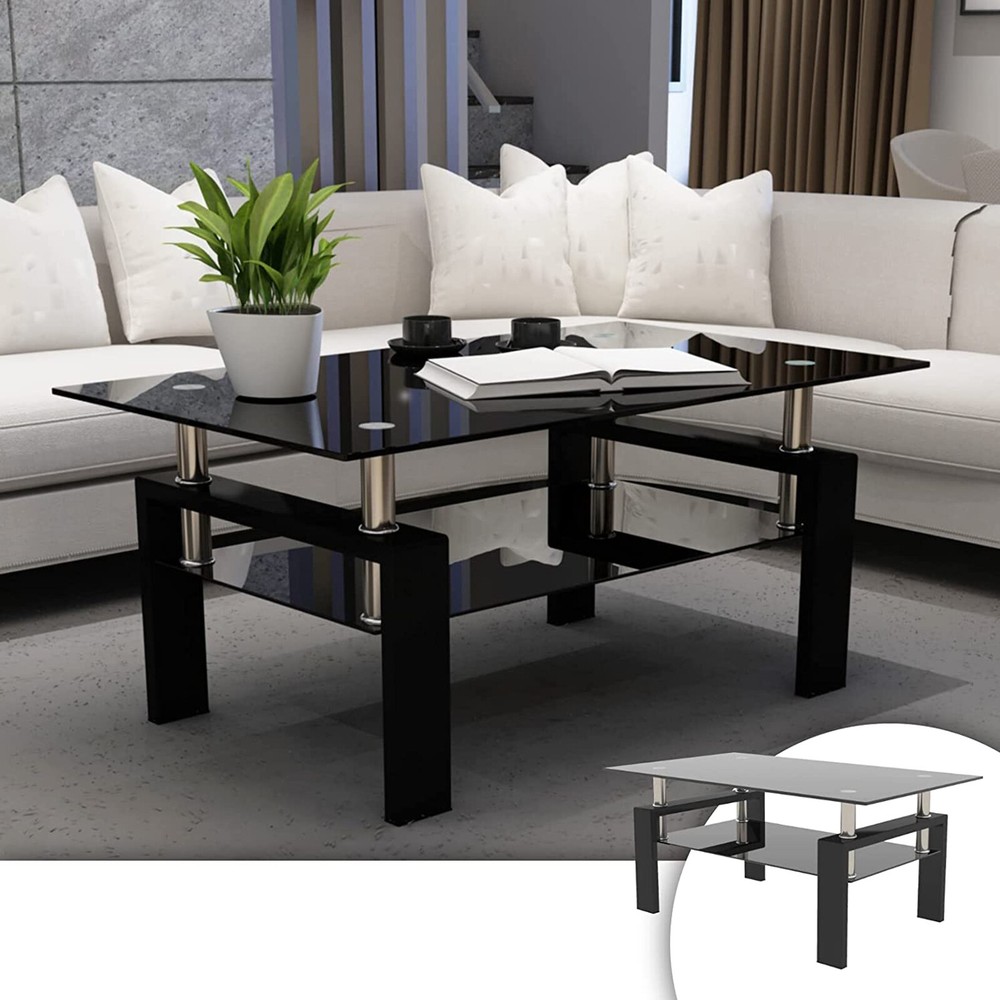 37 inch Glass Coffee Rectangular Table Modern W/Shelf Living Room Furniture Home