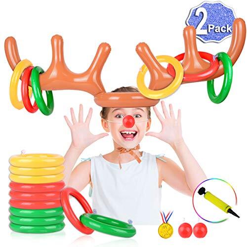 2 Set Inflatable Reindeer Antler Game (2 Reindeer Antler Hat with 12 Ring