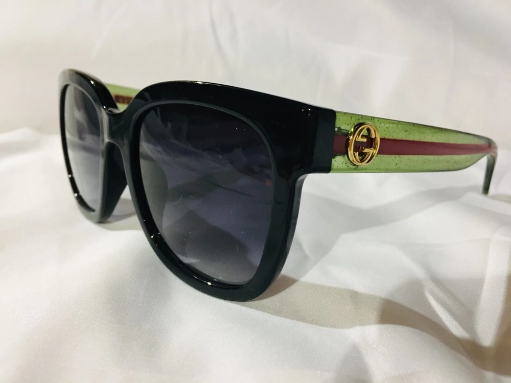 New Gucci GG0034SN 002 Black Green Red Stripe Grey Sunglasses