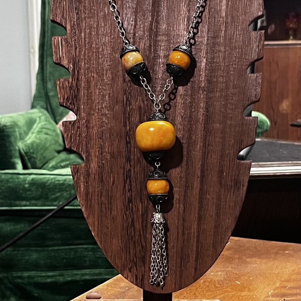 Vintage Amber and Silver Necklace with Tassel