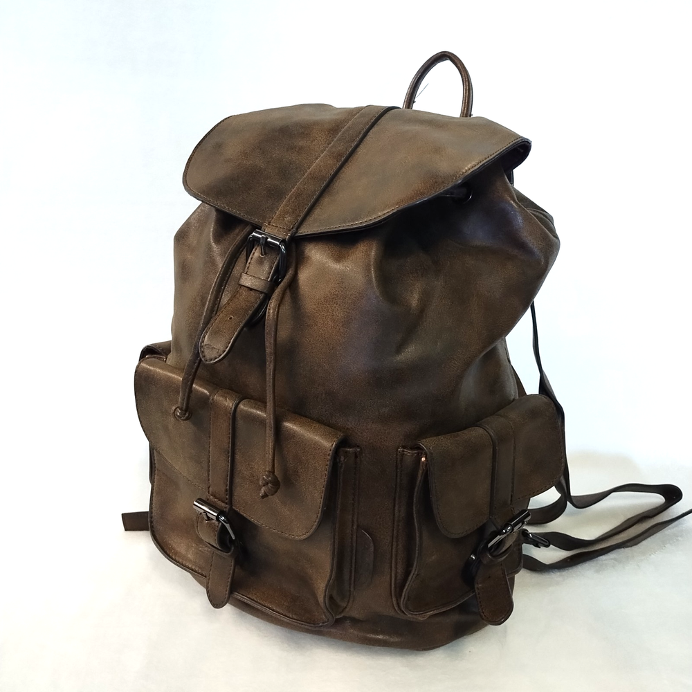 ALDO Brown Faux Leather Bucket Backpack with Drawstring & Buckle Top