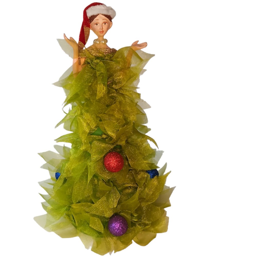 Vintage Christmas Tree Lady Ribbon Lace Dress Figurine Tabletop Decor Holiday