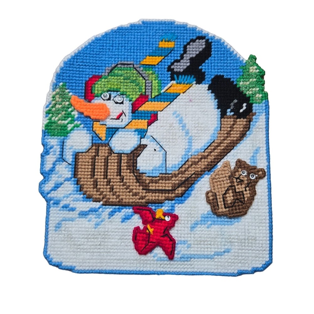 Handmade Snowman Sledding Needlepoint Wall Art Bear Cardinal