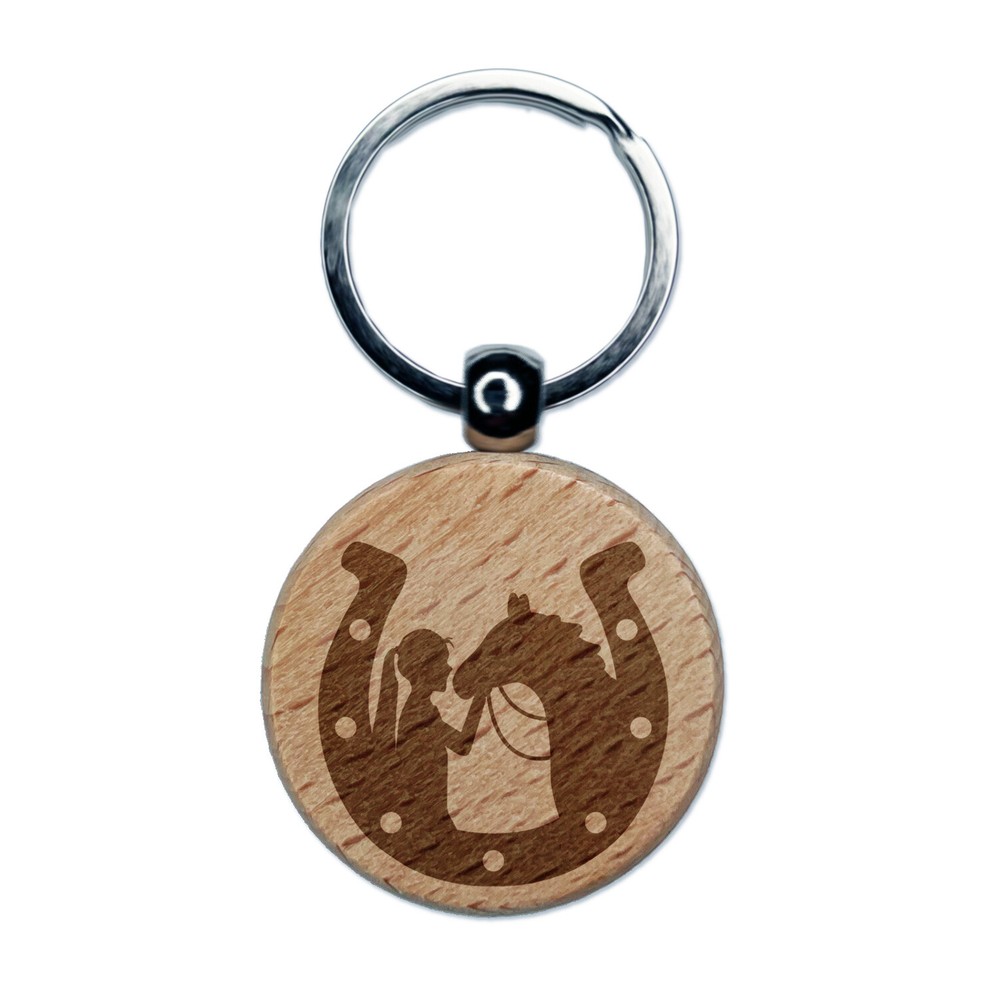 Horseshoe Horse and Girl Engraved Wood Round Keychain Tag Charm