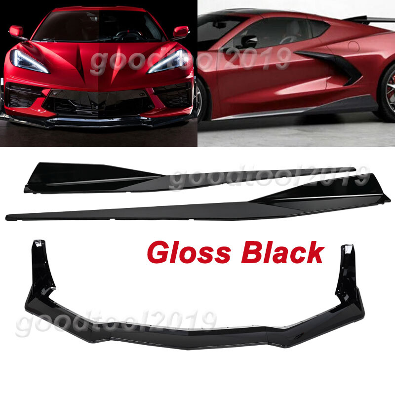 Front Bumper Spoiler Lip Winglet Splitter + Side Skirt For Corvette C8 2020-2024
