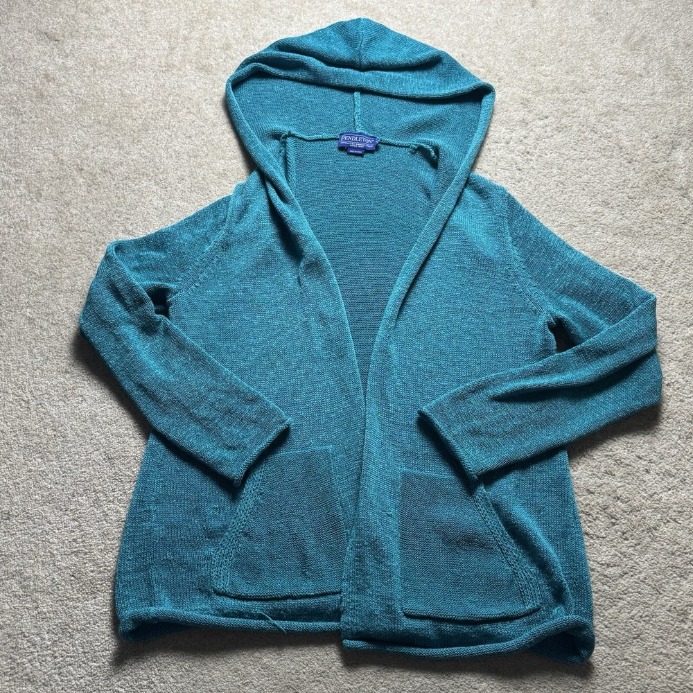 Pendleton Hooded Open Knit Cardigan Sweater Hoodie Womens Large Petite Blue